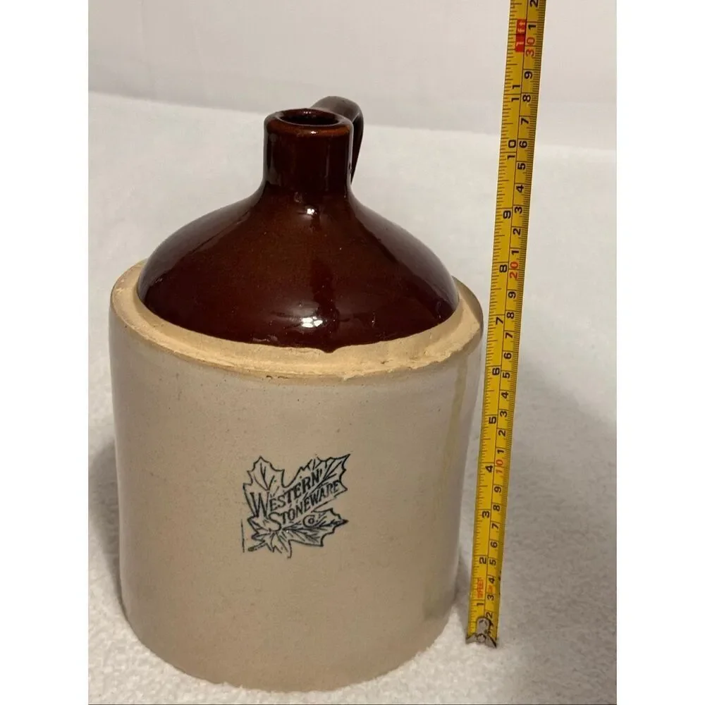 Vintage Western Stoneware Maple Leaf Crock Jug/Two Tone - Brown Glazed Top